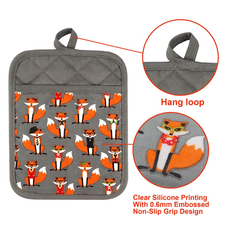 RED LMLDETA Pot Holders Set of 2 Heat Resistant 480 â„‰ Non Slip Clear Silicone Printed Comfortable Cotton Lining Kitchen Women Men Cooking Baking Microwave Machine Washable (Fox, Gray Potholders) - Image 2
